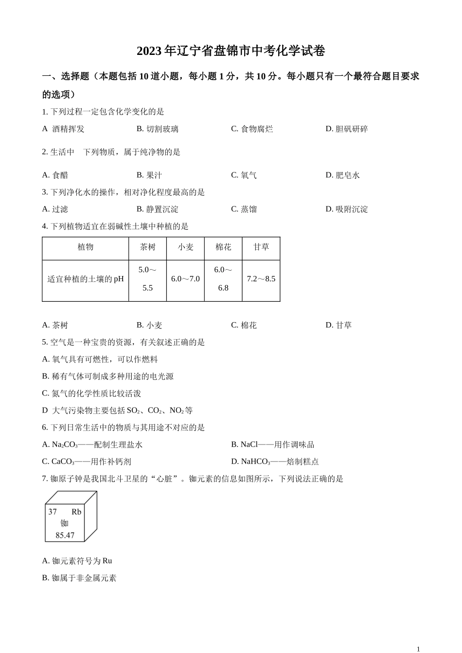 精品解析：2023年辽宁省盘锦市中考化学真题（原卷版）.docx_第1页