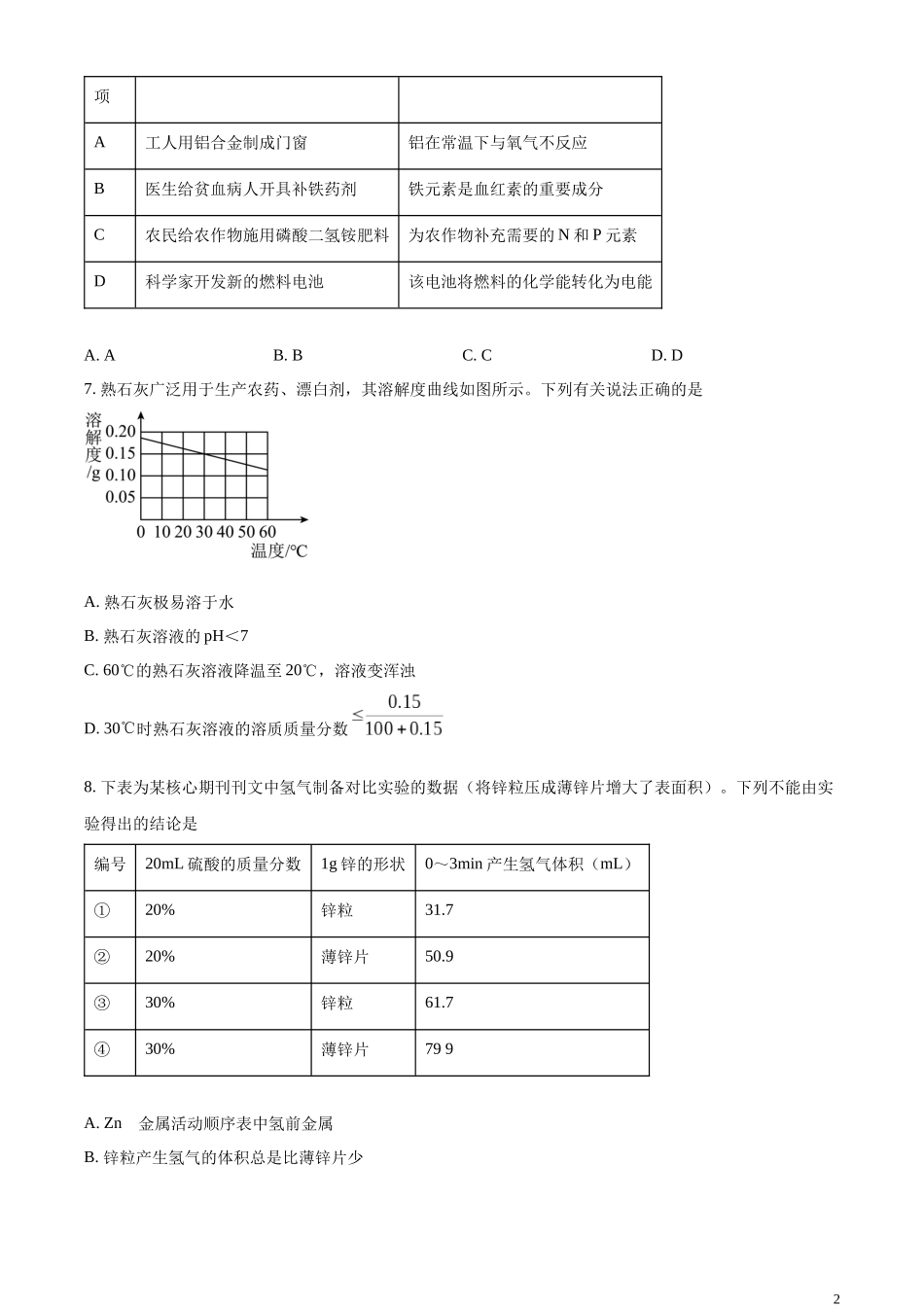 精品解析：2023年四川省泸州市中考化学真题（原卷版）.docx_第2页