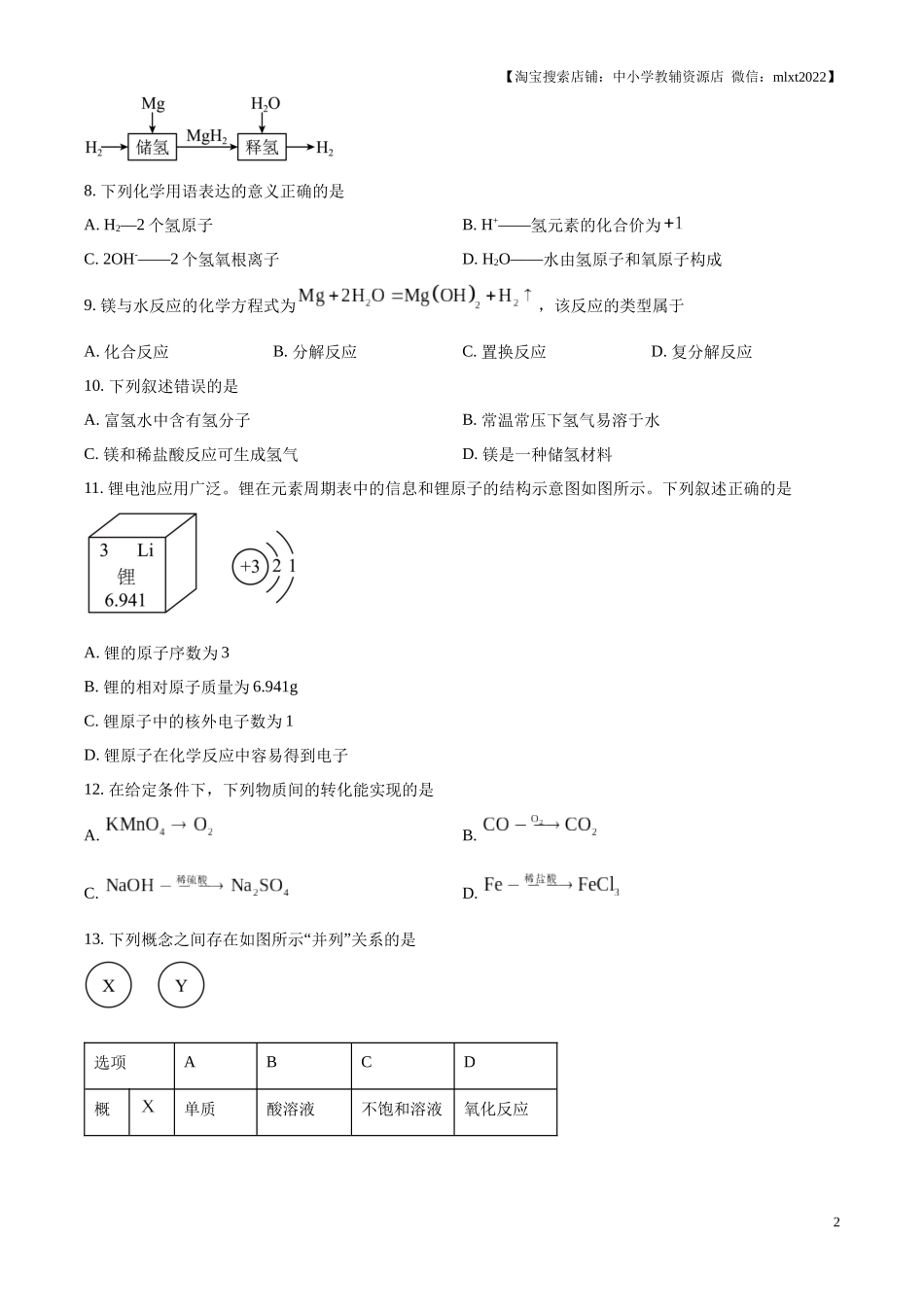 精品解析：2024年江苏省无锡市中考化学试题（原卷版）.docx_第2页