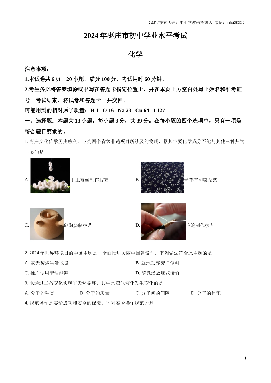 精品解析：2024年山东省枣庄市中考化学真题（原卷版）.docx_第1页