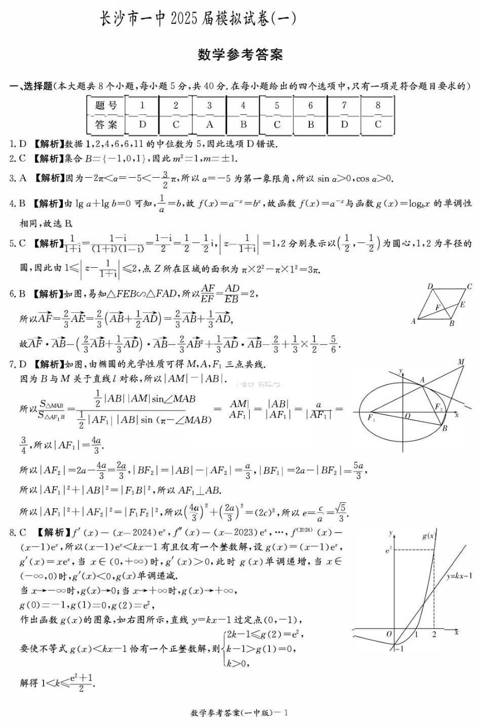数学试卷一模答案【Top50强校】【湖南卷】湖南省长沙市第一中学2025届高三下学期模拟（一）.pdf_第1页