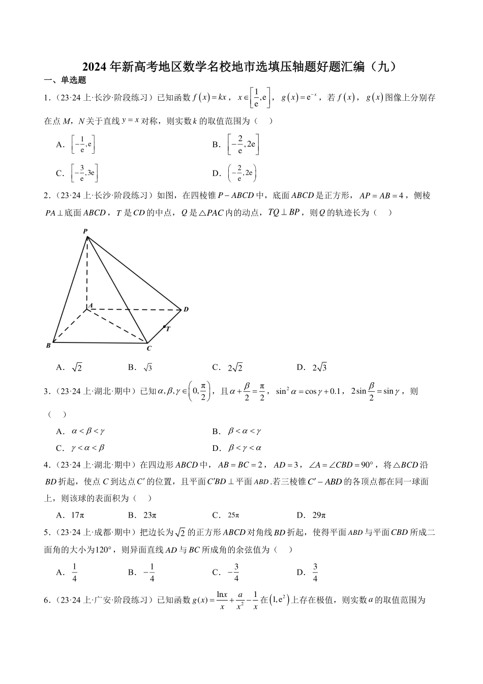 【新高考】2024年新高考地区数学名校地市选填压轴题好题汇编（09）.pdf_第1页