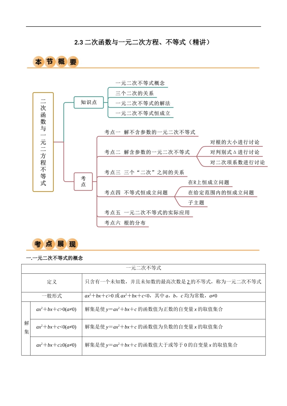 2.3 二次函数与一元二次方程、不等式（精讲）（解析版）-2024 人教高中数学必修一.docx_第1页