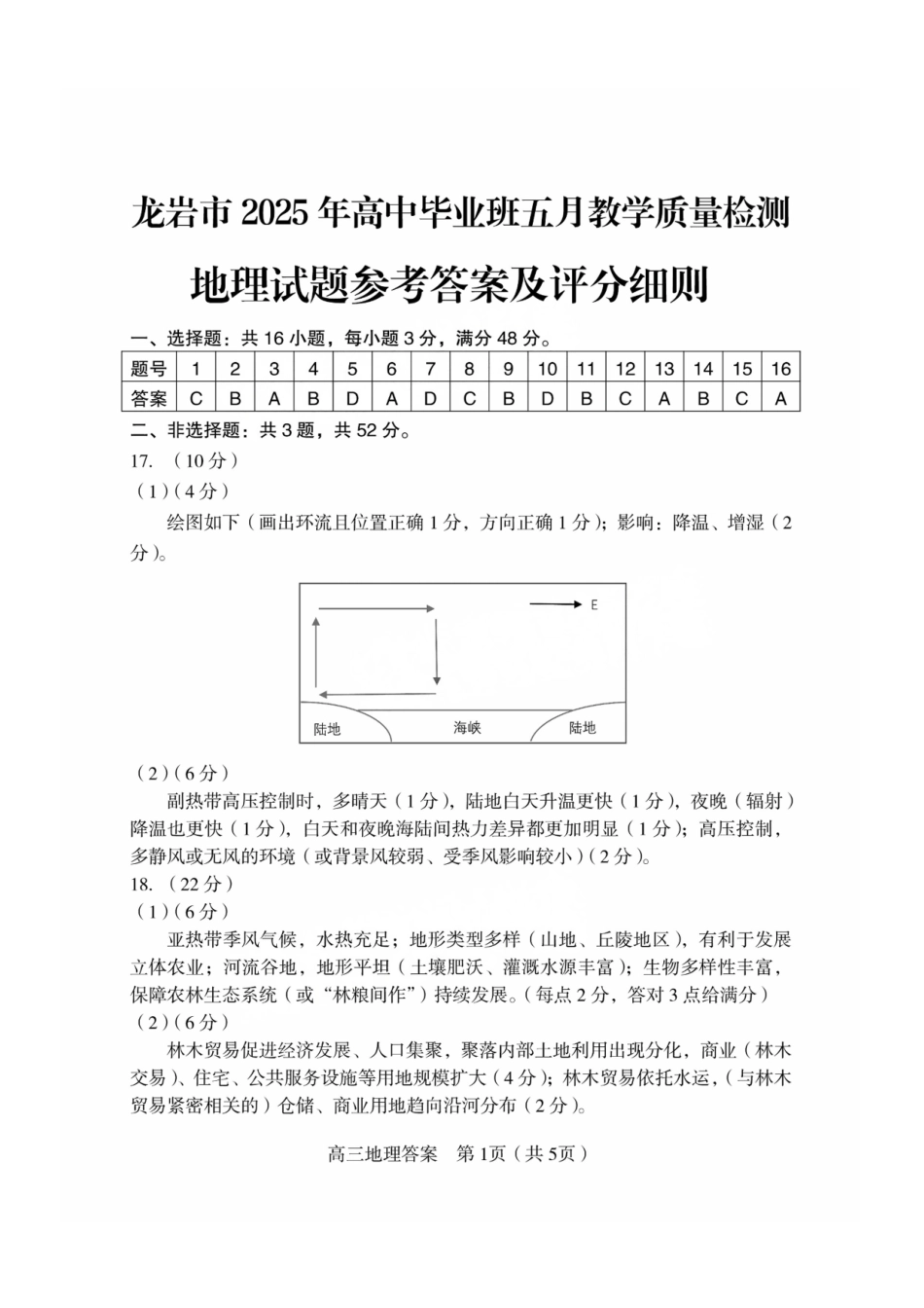 地理试题卷答案【福建卷】福建省龙岩市2025年高中毕业班五月教学质量检测（龙岩四检）.pdf_第1页