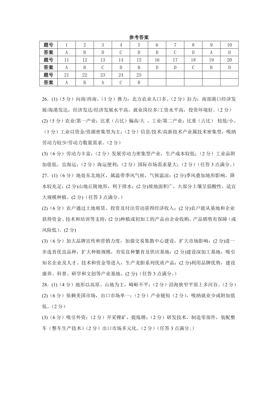 山东师范大学附属中学2024-2025学年高一下学期期中考试地理答案.pdf_第1页