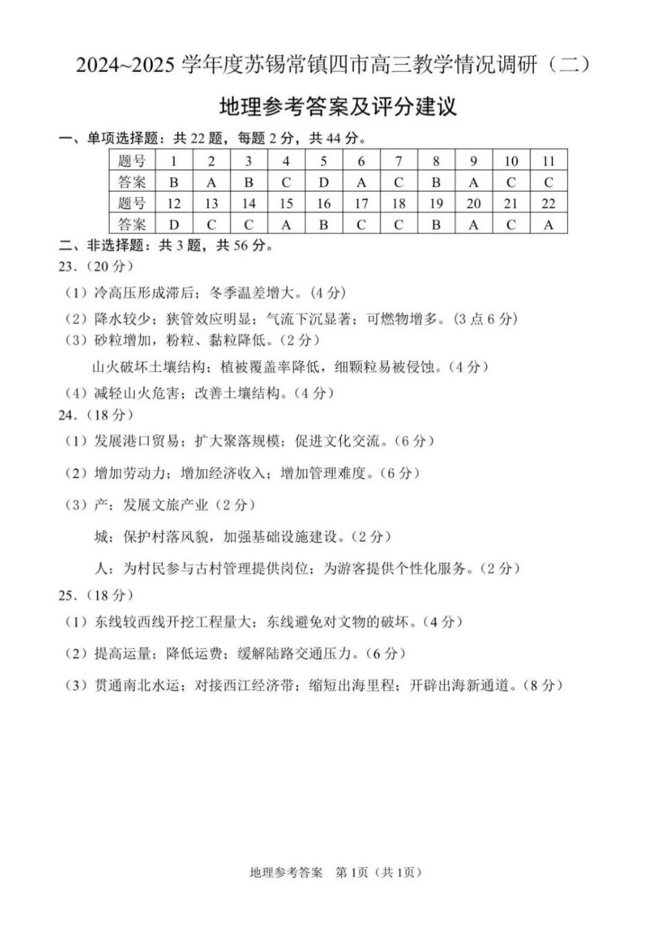 地理试卷答案江苏省苏锡常镇四市2024-2025学年高三教学情况调研（二）（苏锡常镇四市二模）（5.4-5.6）.pdf_第1页