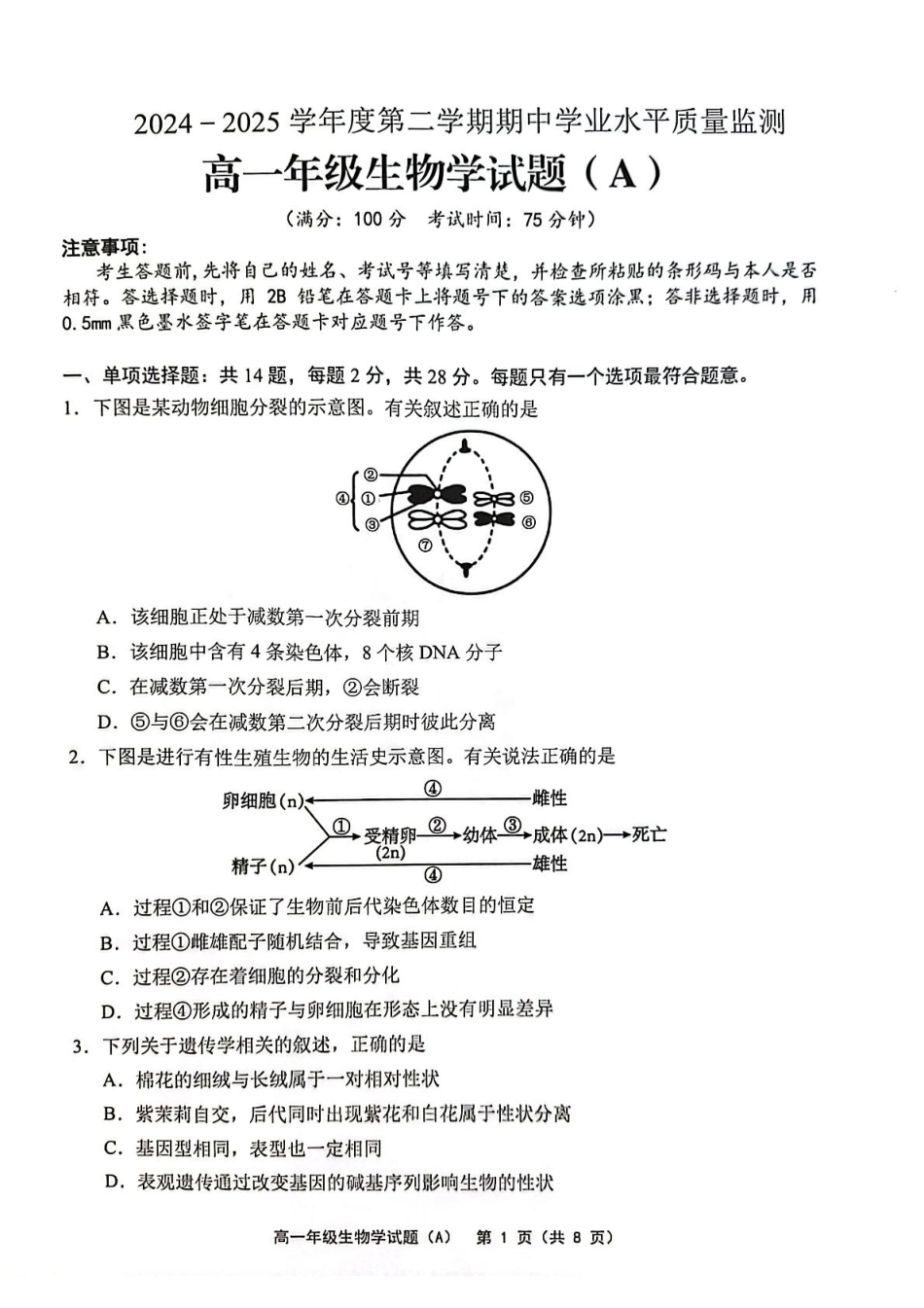 江苏省连云港市赣榆区2024-2025学年高一下学期4月期中考试 生物含答案.pdf_第1页