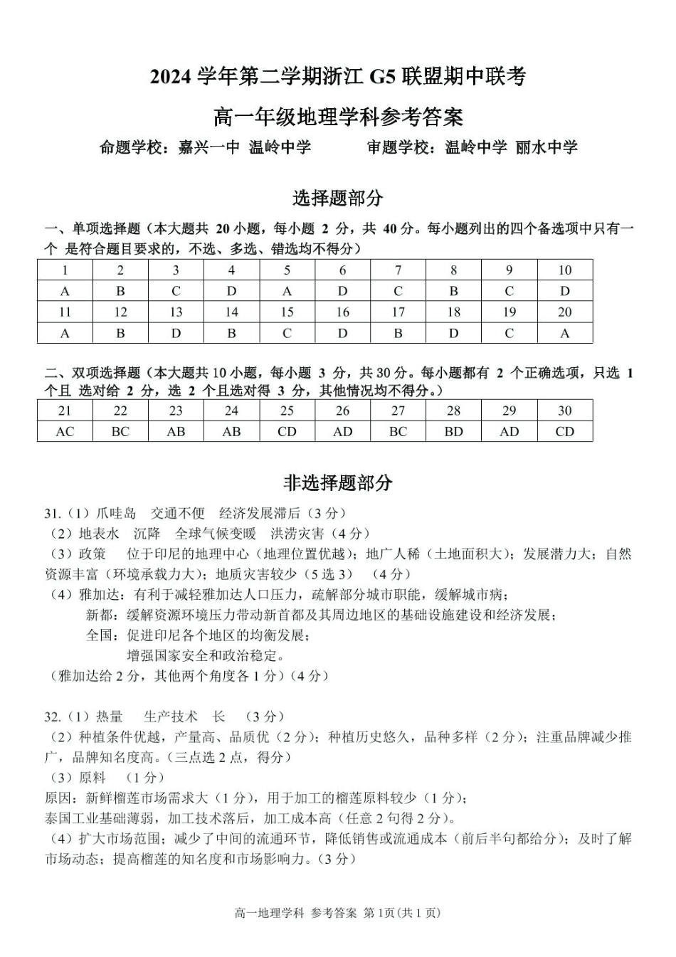 浙江省G5联盟2024-2025学年高一下学期期中考试地理参考答案.pdf_第1页