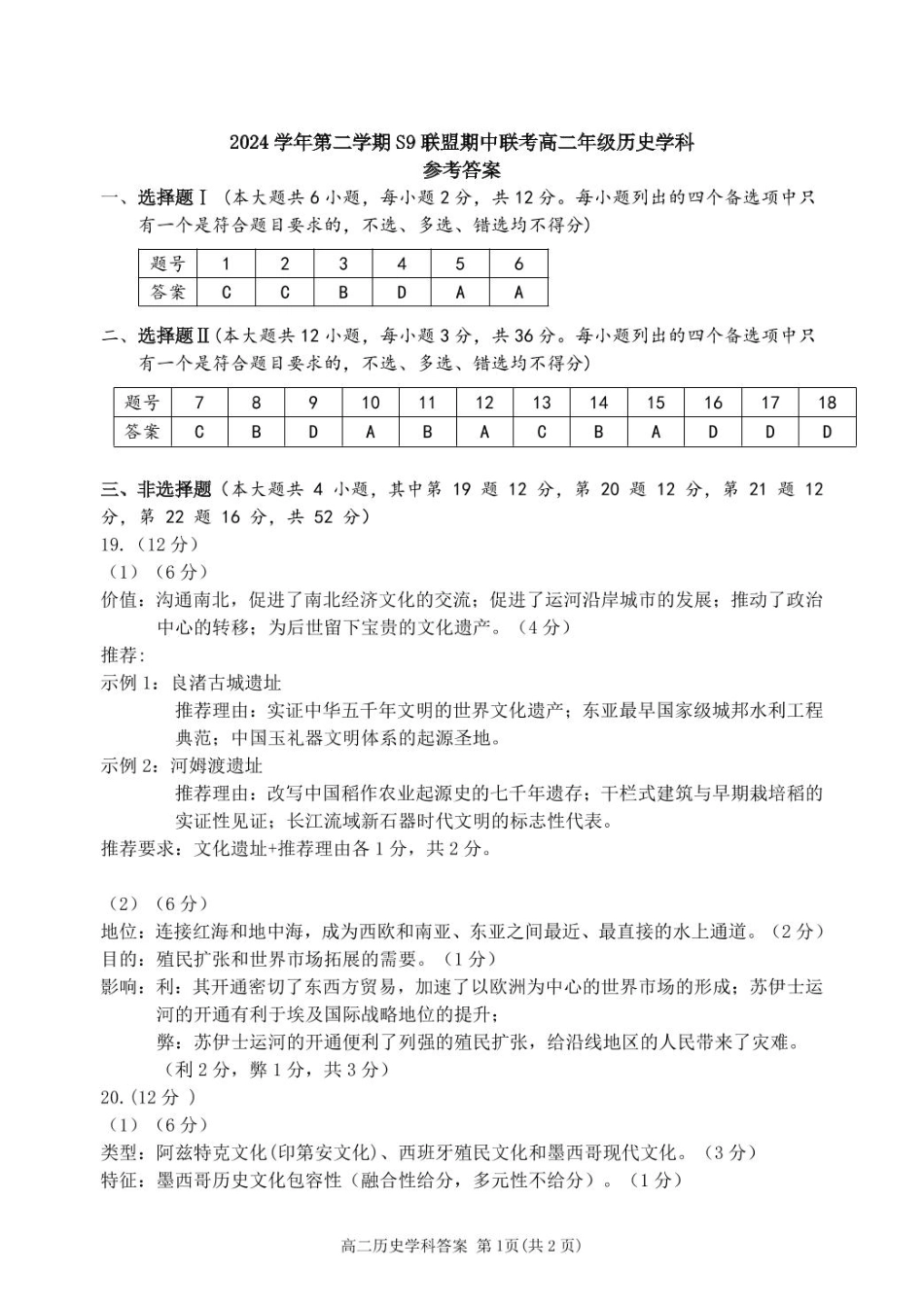 浙江省杭州市S9联盟2024-2025学年高二下学期期中联考历史答案.pdf_第1页