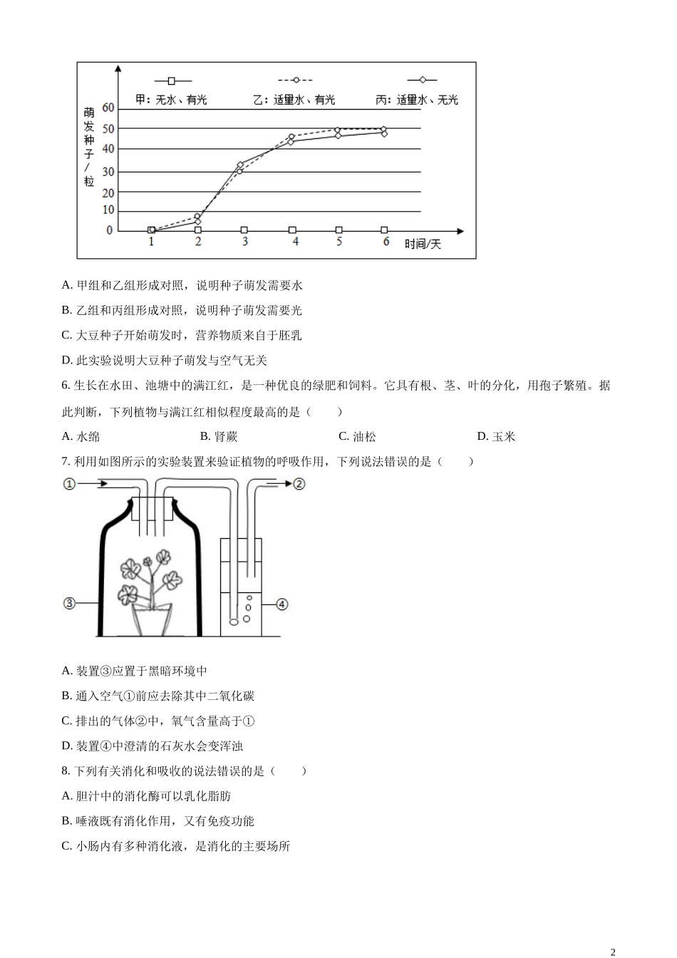 精品解析：2023年湖南省湘潭市中考生物真题（原卷版）.docx_第2页