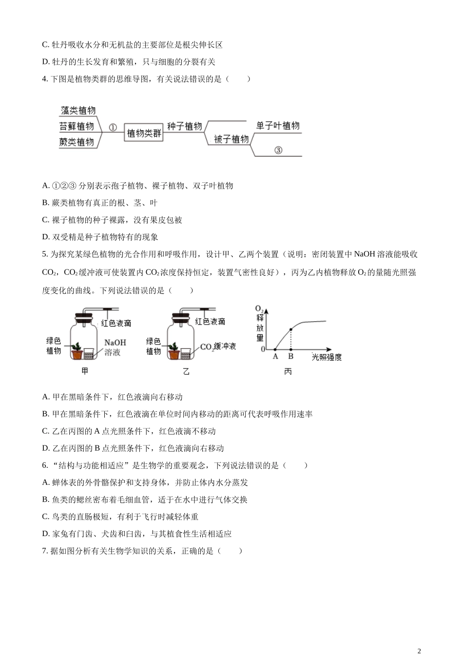 精品解析：2023年山东省菏泽市中考生物真题（原卷版）.docx_第2页