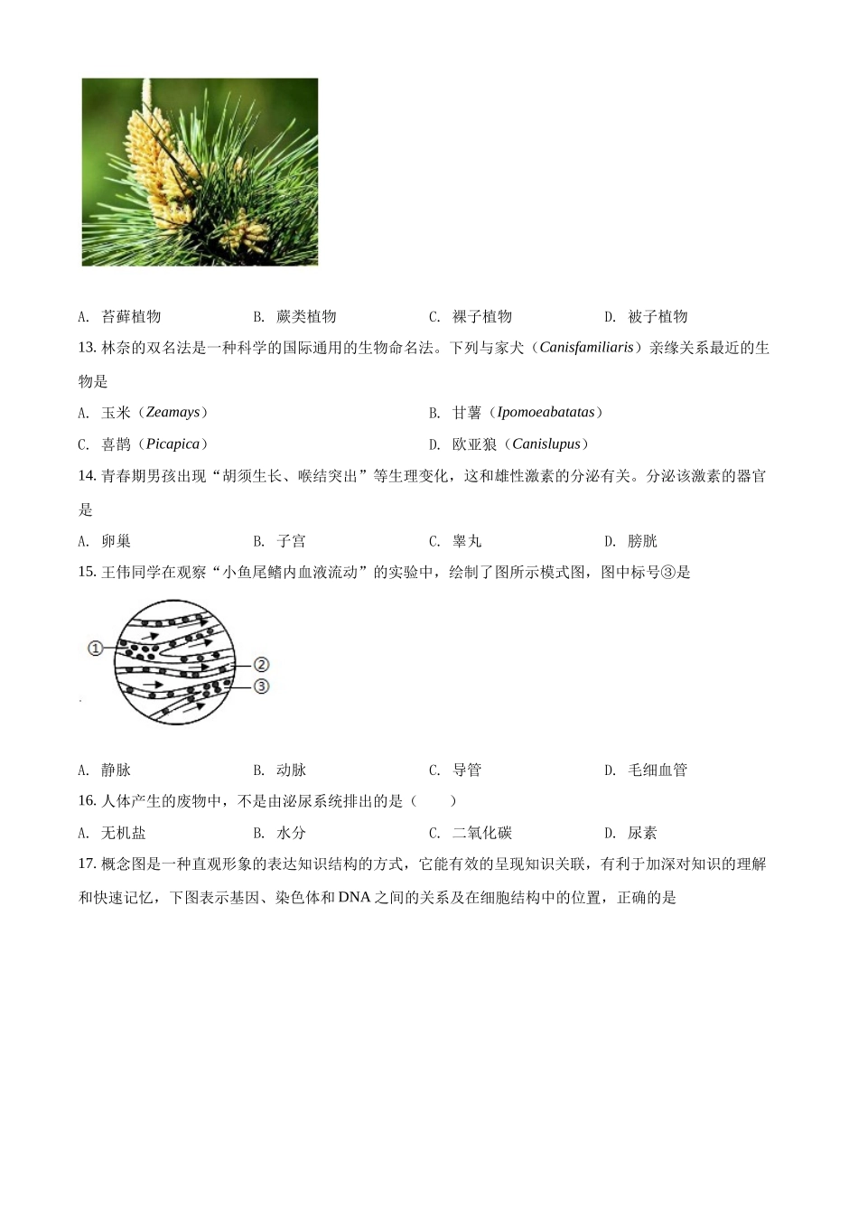 全国各地中考真题：2022年江苏省泰州市中考生物真题（原卷版）.docx_第3页