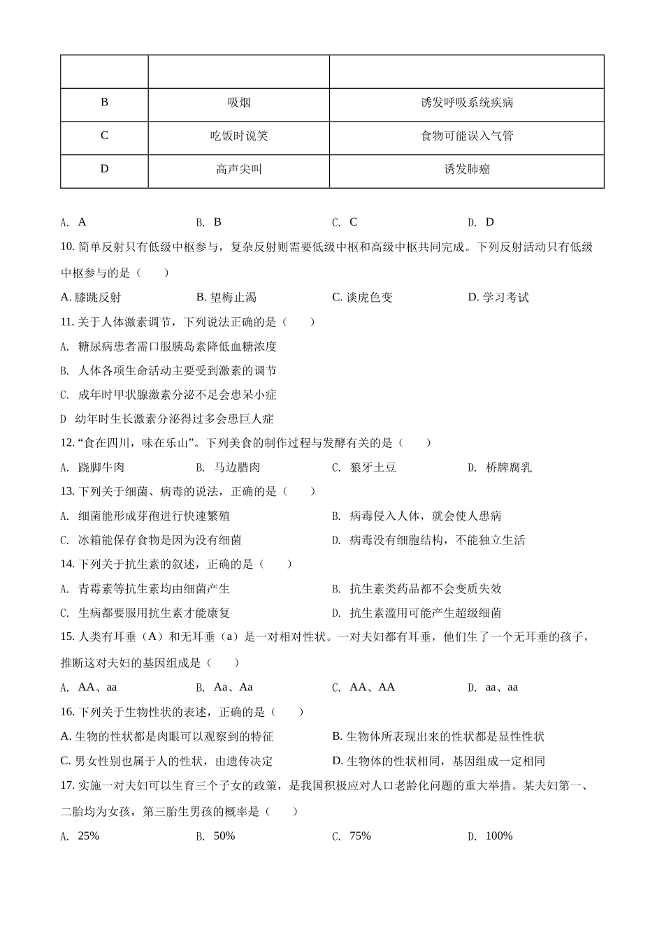 全国各地中考真题：2022年四川省乐山市中考生物真题（原卷版）.docx_第2页
