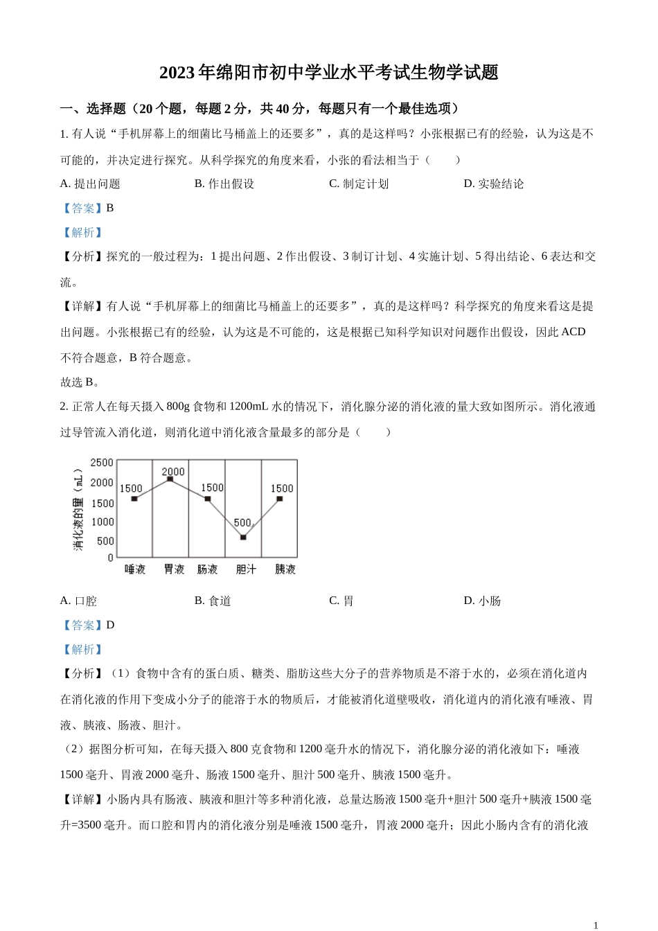 全国各地中考真题：2023年四川省绵阳市中考生物真题（解析版）.docx_第1页