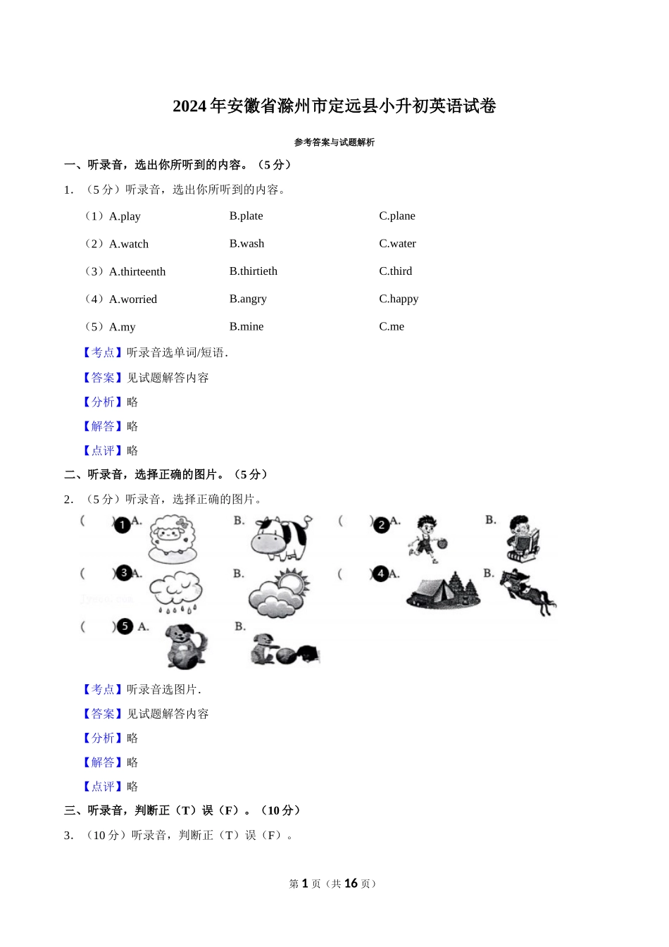 2024年安徽省滁州市定远县小升初英语试卷（解析卷）.docx_第1页