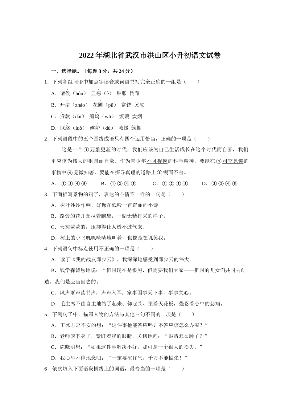 2022年湖北省武汉市洪山区小升初语文试卷 解析版.docx_第1页