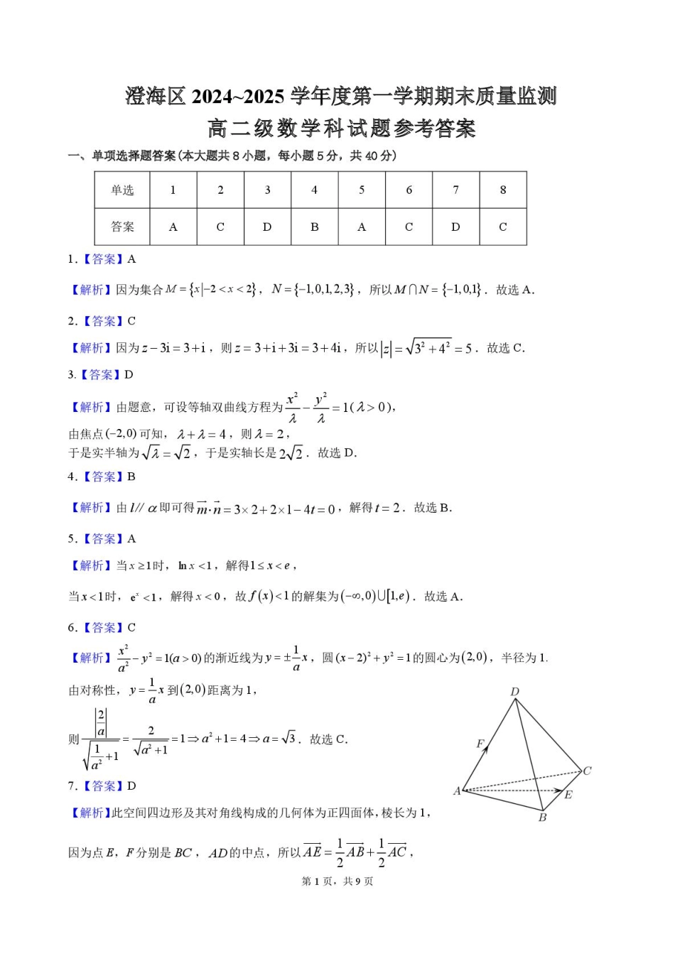 广东省汕头市澄海区2024-2025学年高二上学期1月期末质量检测监测数学试题答案.pdf_第1页