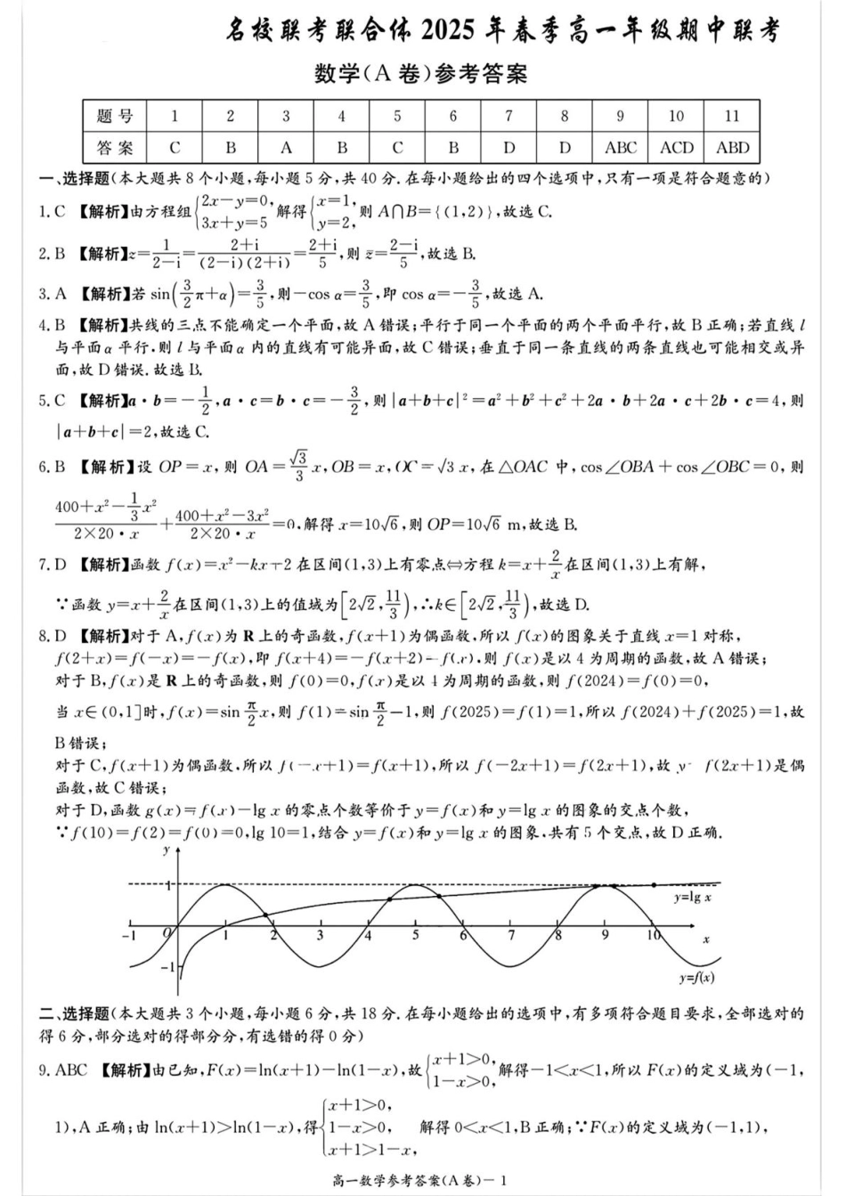 湖南省名校联考联合体2024-2025学年高一下学期期中考试数学(A卷)参考答案.pdf_第1页