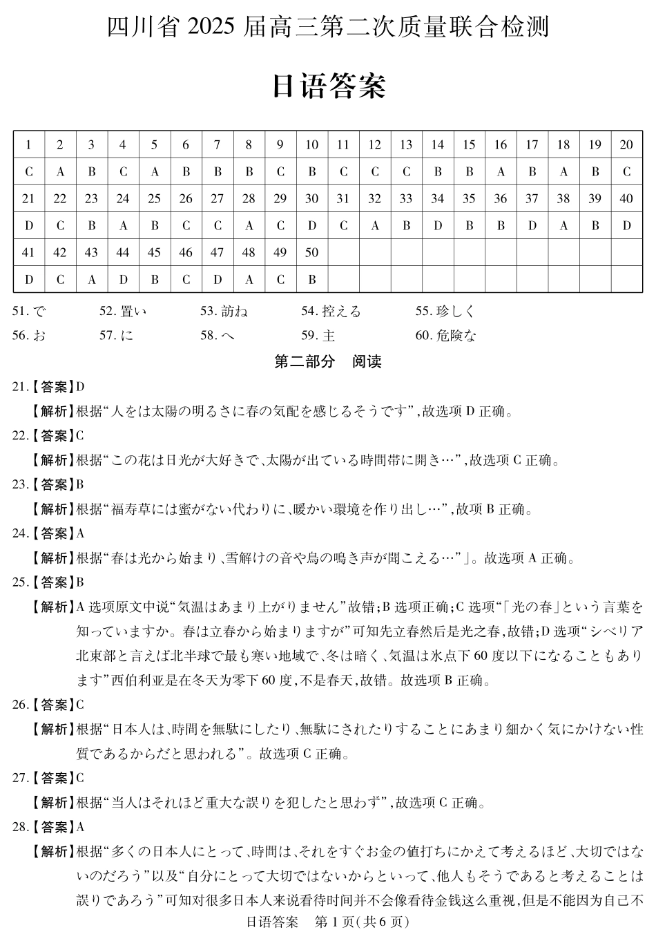 日语试卷答案四川省2025届高三第二次教学质量联合测评（四川二测）（5.12-5.14）.pdf_第1页