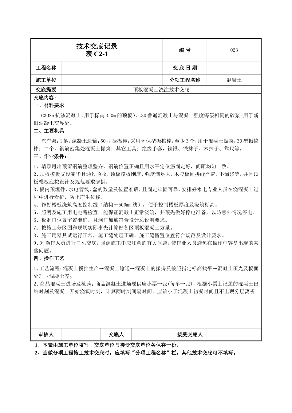 顶板混凝土浇注施工技术交底.doc_第1页