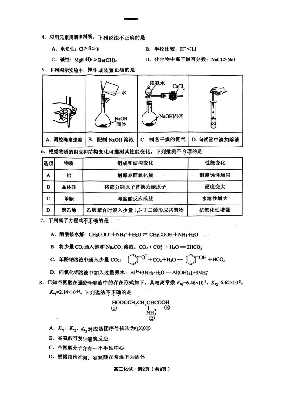 【浙江卷】浙江省杭州市2024学年第二学期杭州市高三年级教学质量检测（杭州二模）（4.7-4.9）化学试卷.pdf_第2页