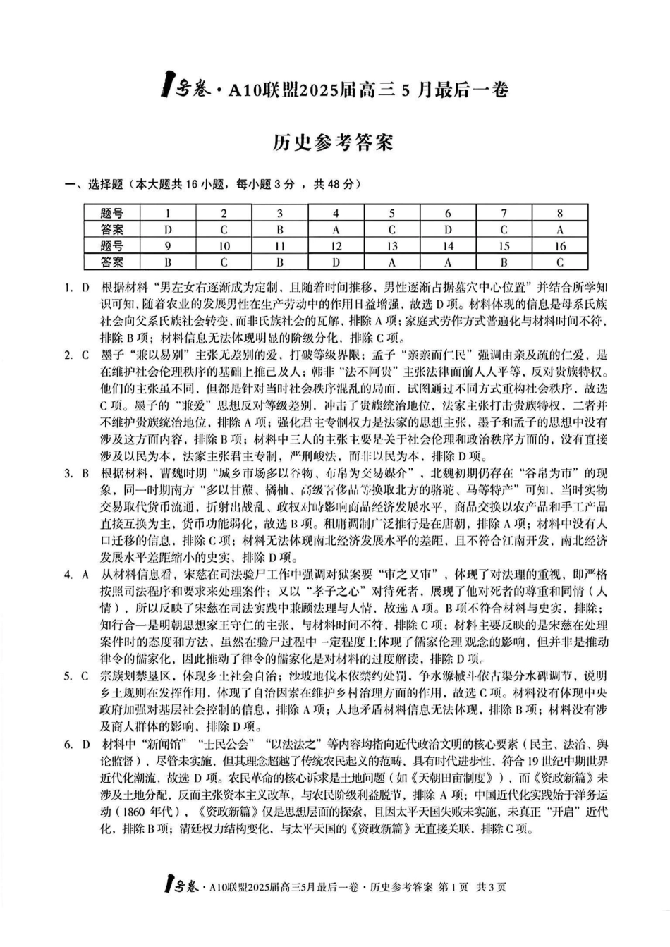 历史试卷答案安徽省皖智1号卷A10联盟2025届高三5月最后一卷（5.16-5.17）.pdf_第1页