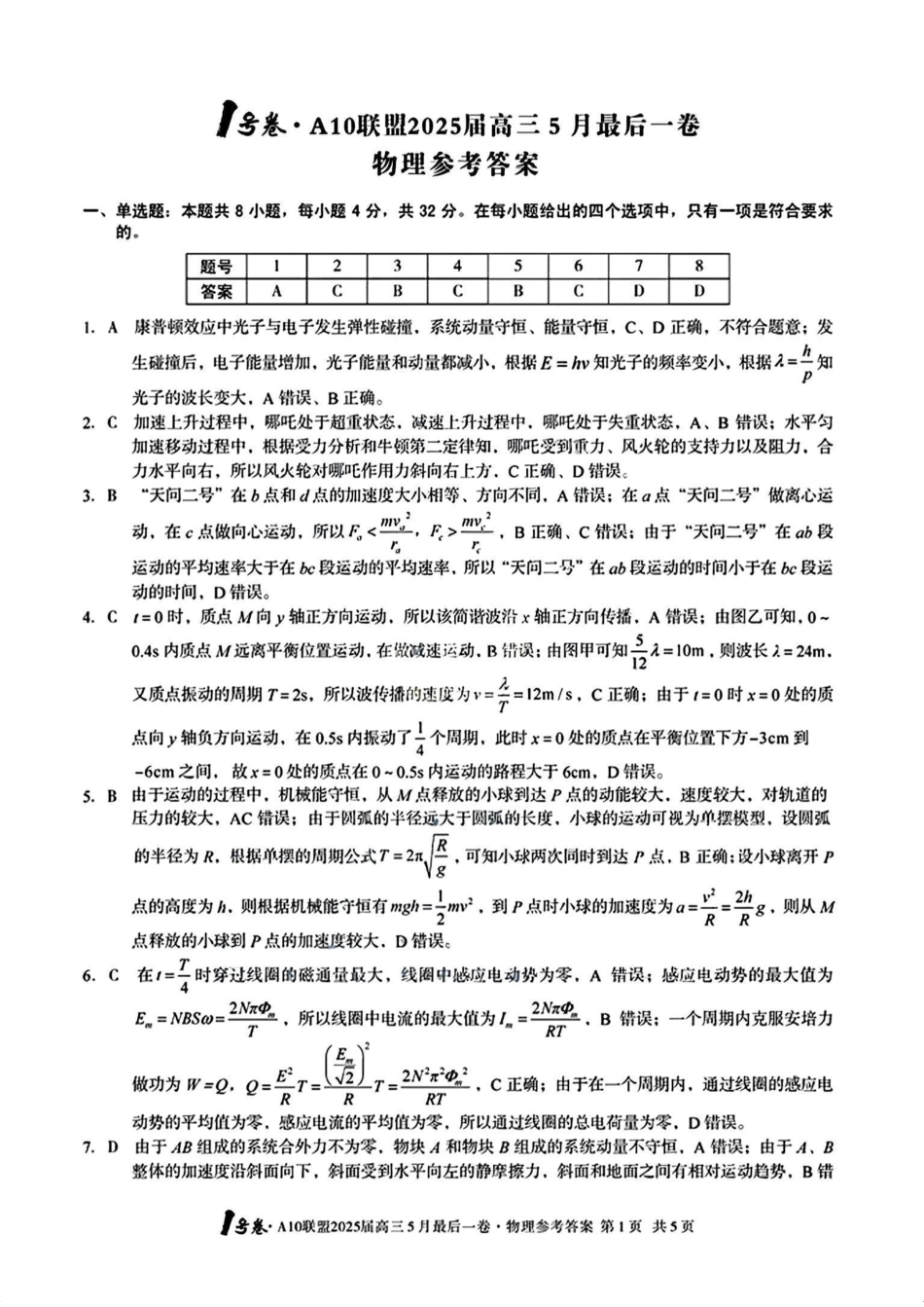 物理试卷答案安徽省皖智1号卷A10联盟2025届高三5月最后一卷（5.16-5.17）.pdf_第1页