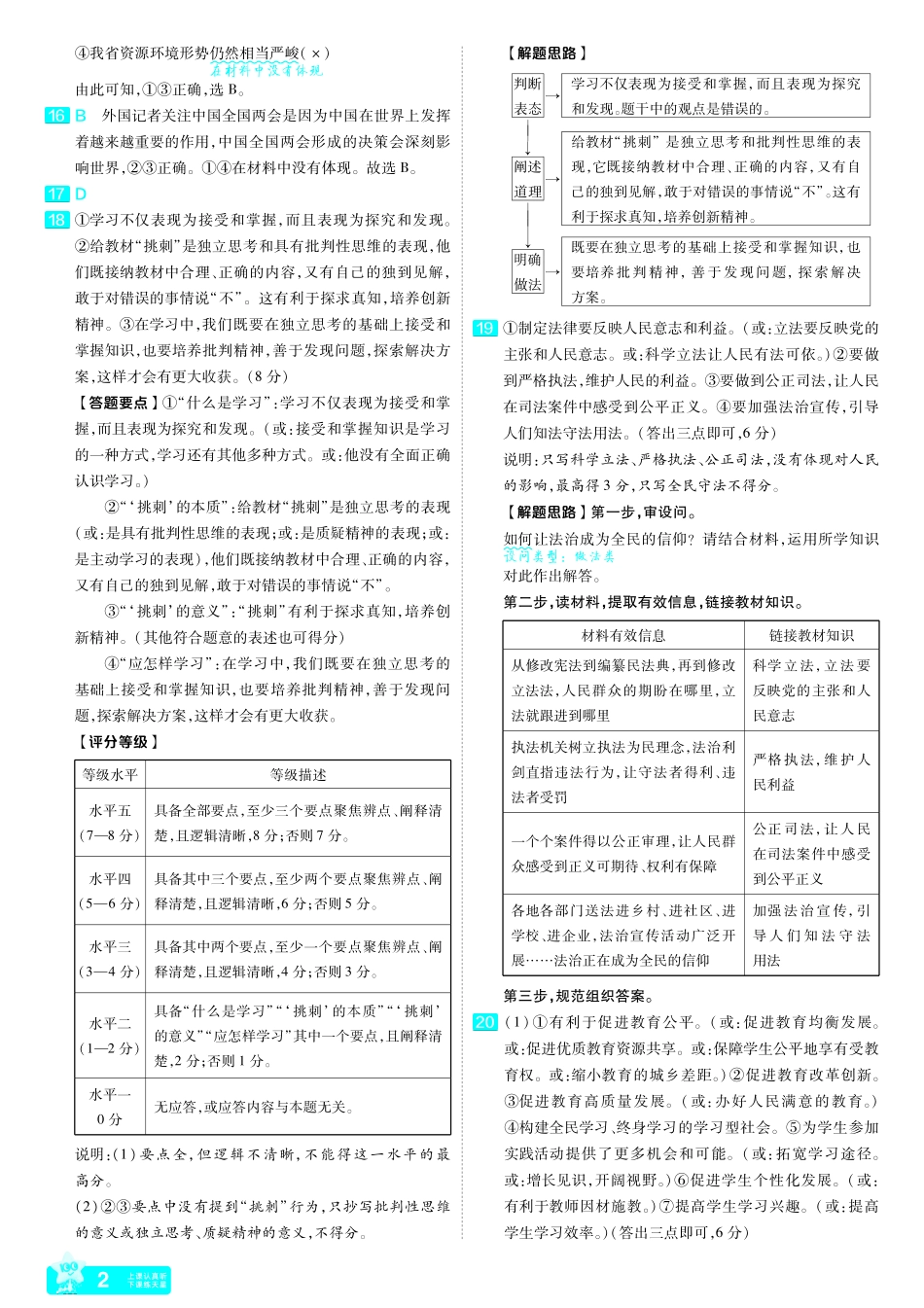2022-2024河南省各地市优秀模拟卷-道德与法治-郑州二测答案.pdf_第2页