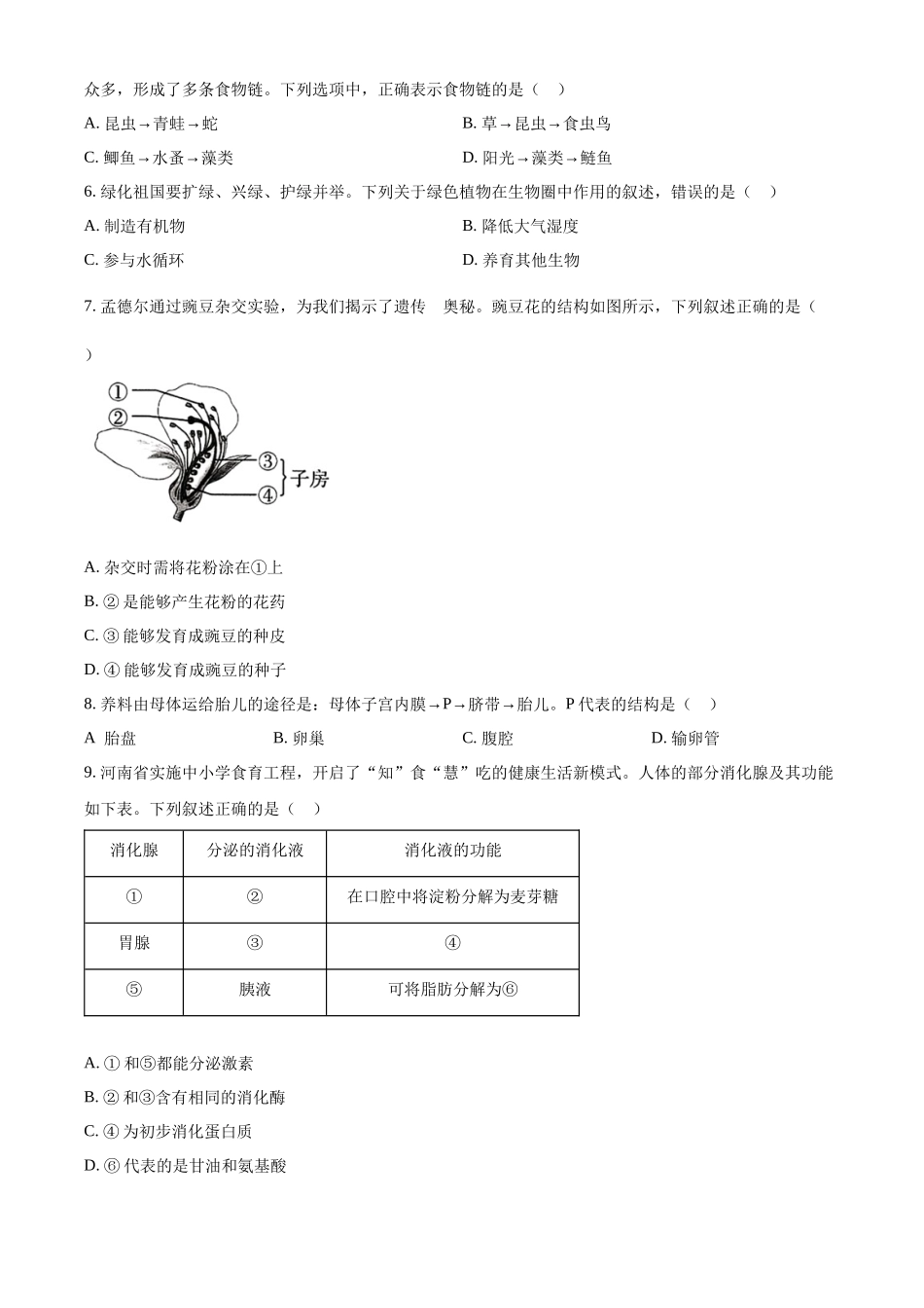 2024年河南省中考生物真题（原卷版）.docx_第2页