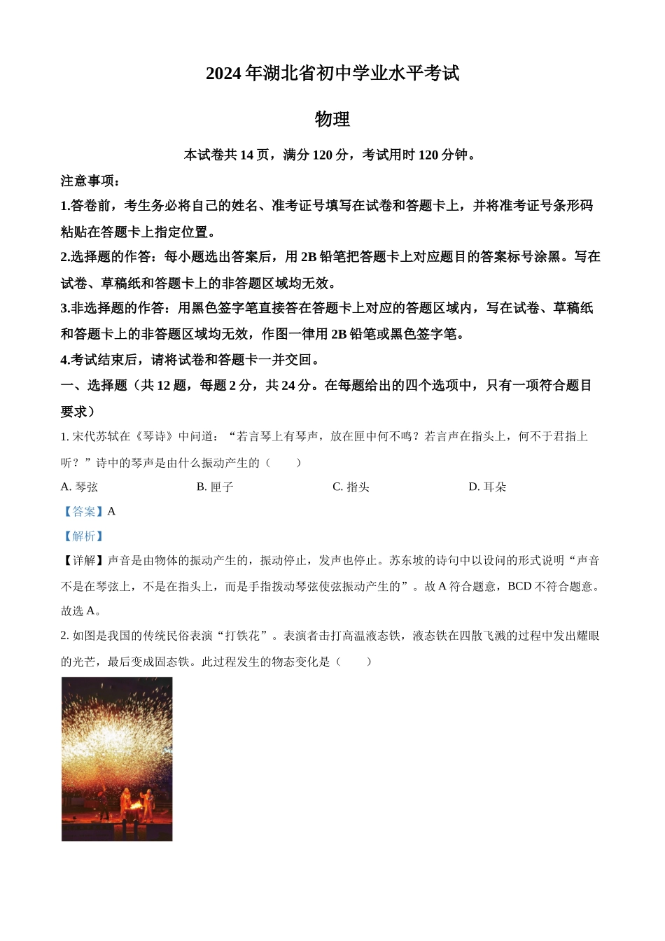 2024年湖北省中考物理试题（解析版）.docx_第1页