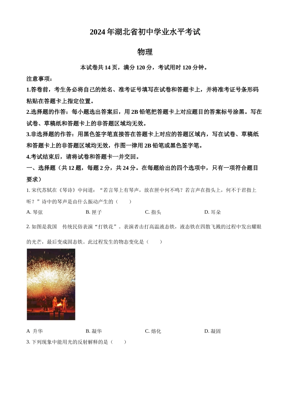 2024年湖北省中考物理试题（原卷版）.docx_第1页