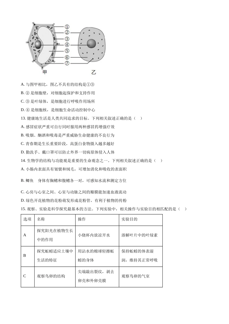 2024年江苏省连云港市中考生物和地理真题　-初中生物学（原卷版）.docx_第3页
