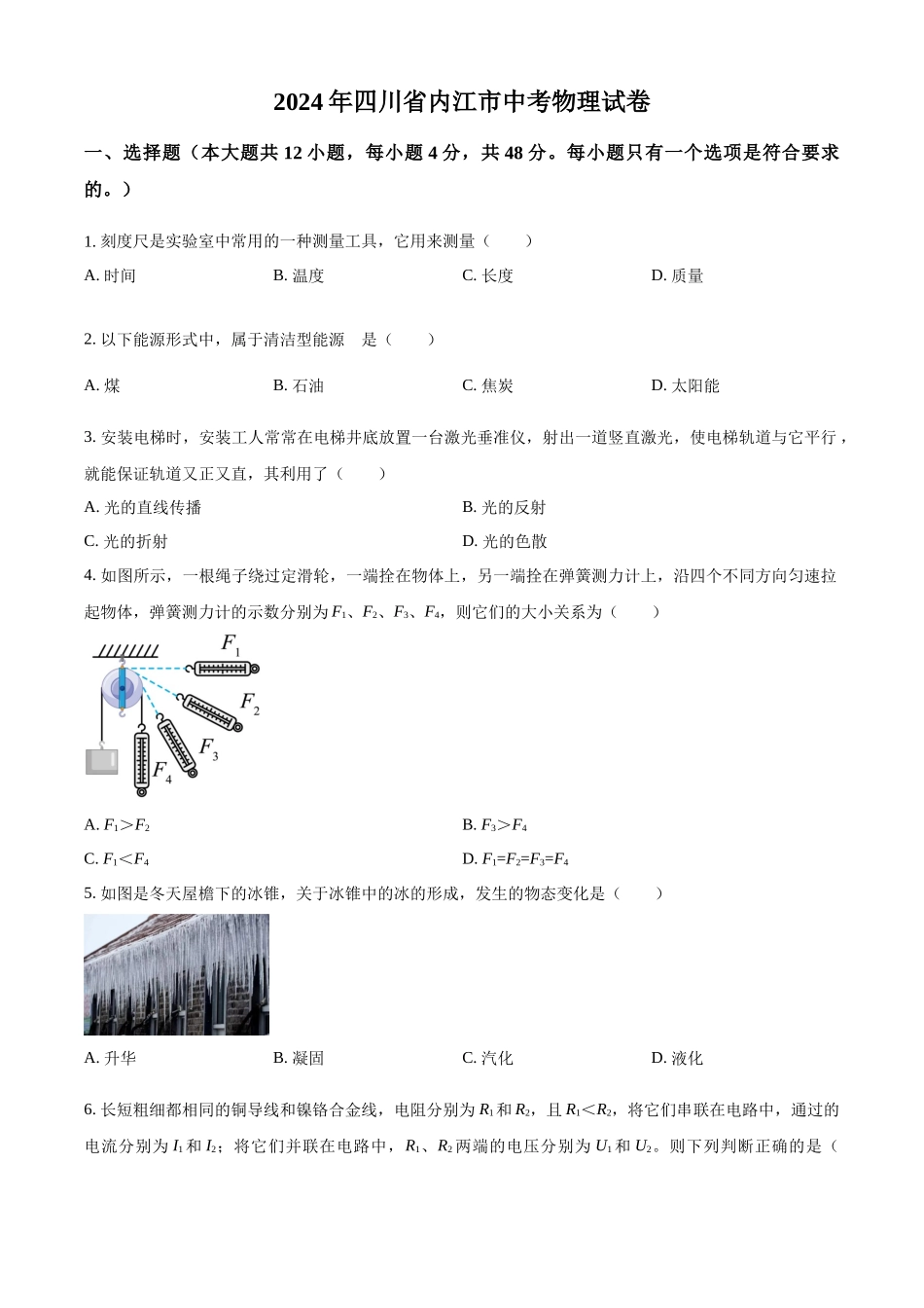 2024年四川省内江市中考物理试题（原卷版）.docx_第1页