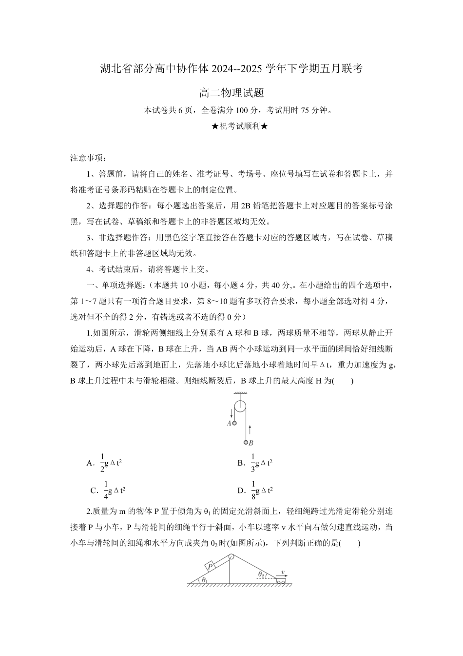 湖北省部分高中协作体联考2024-2025学年高二下学期5月月考物理试题考试板.pdf_第1页