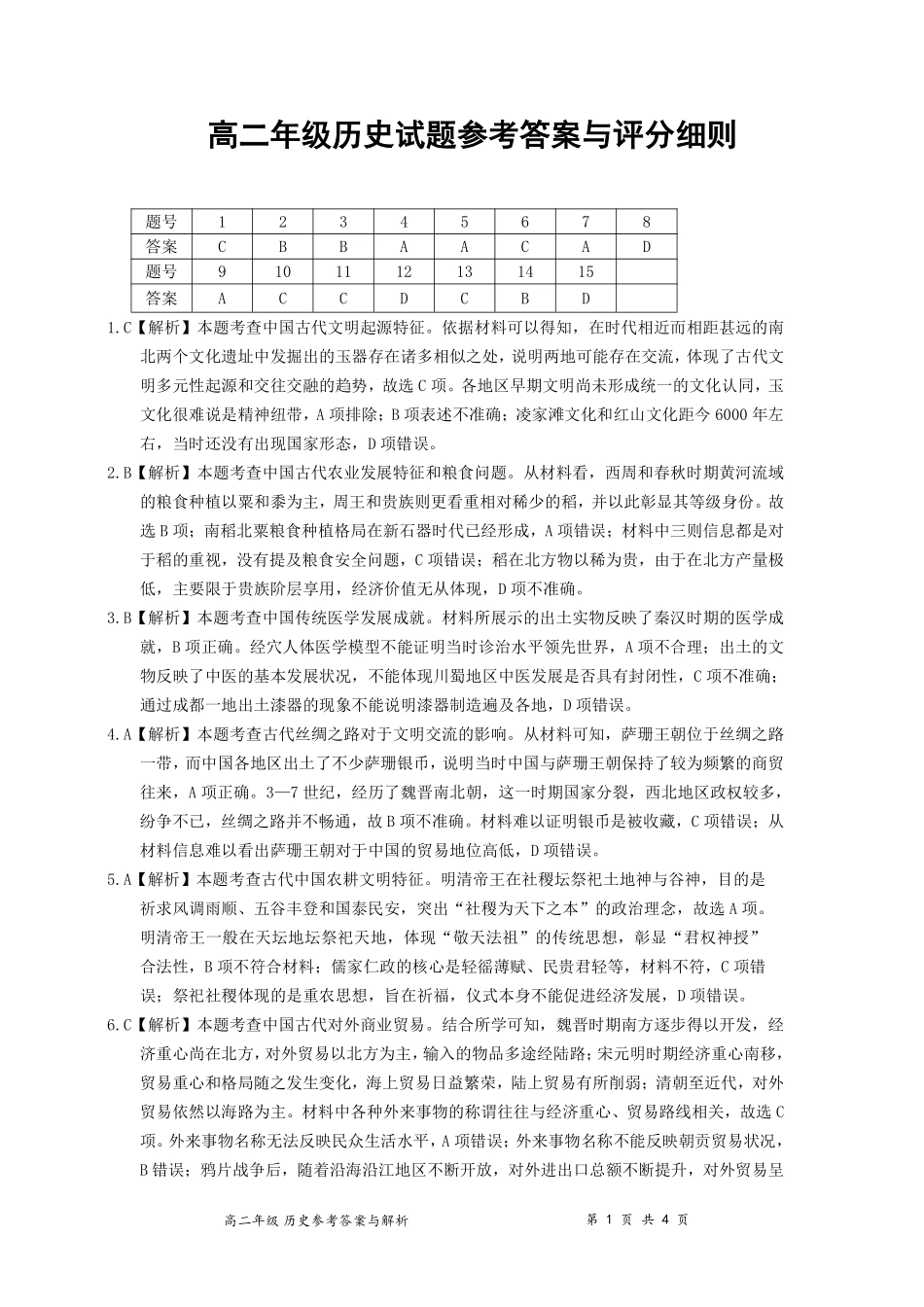 湖北省重点高中智学联盟2024-2025学年高二下学期5月联考历史答案.pdf_第1页