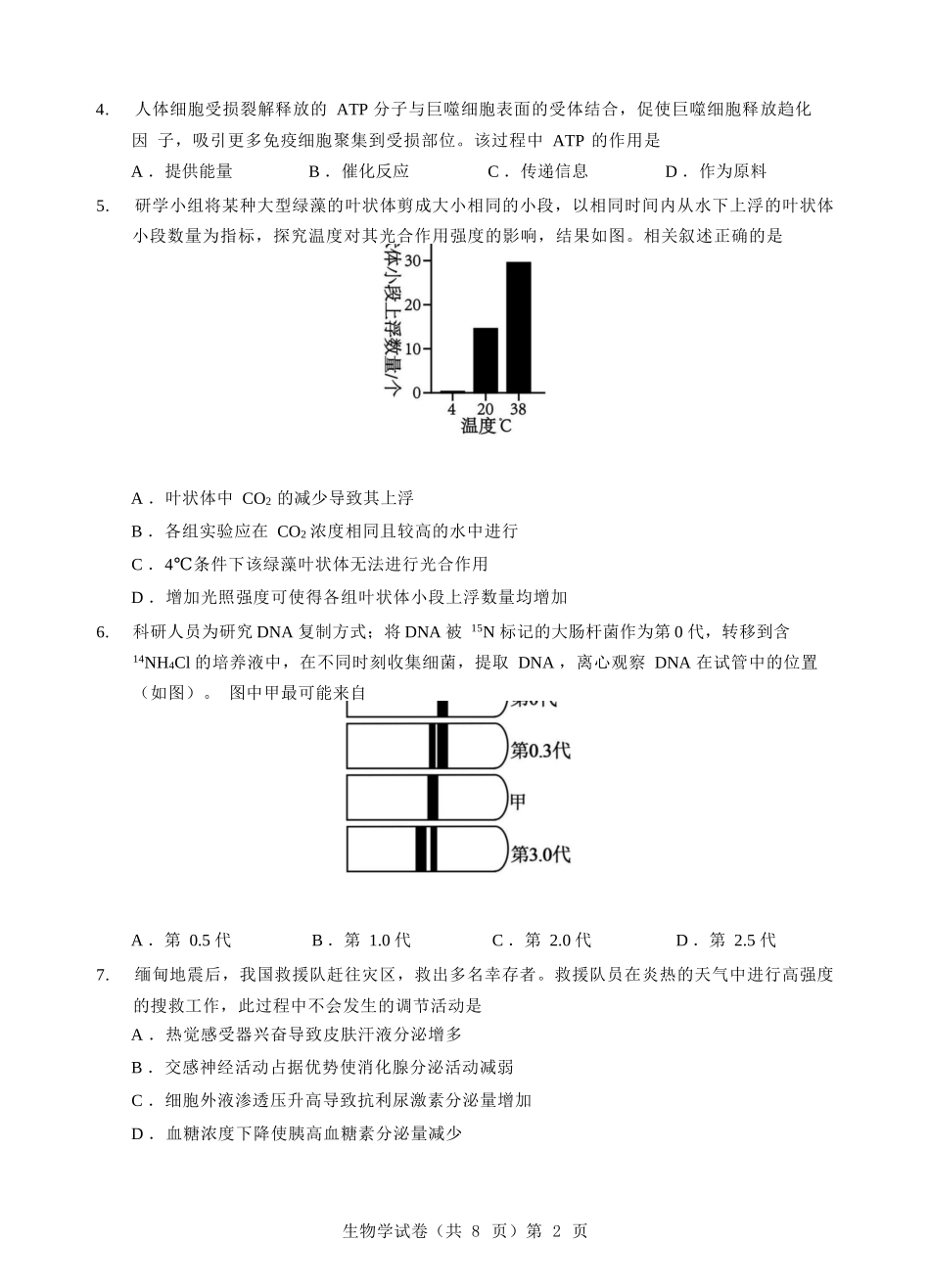 生物试题卷含答案湖北省黄石二中 2025 届高三下学期适应性考试（一）（5.24-5.25）.docx_第2页