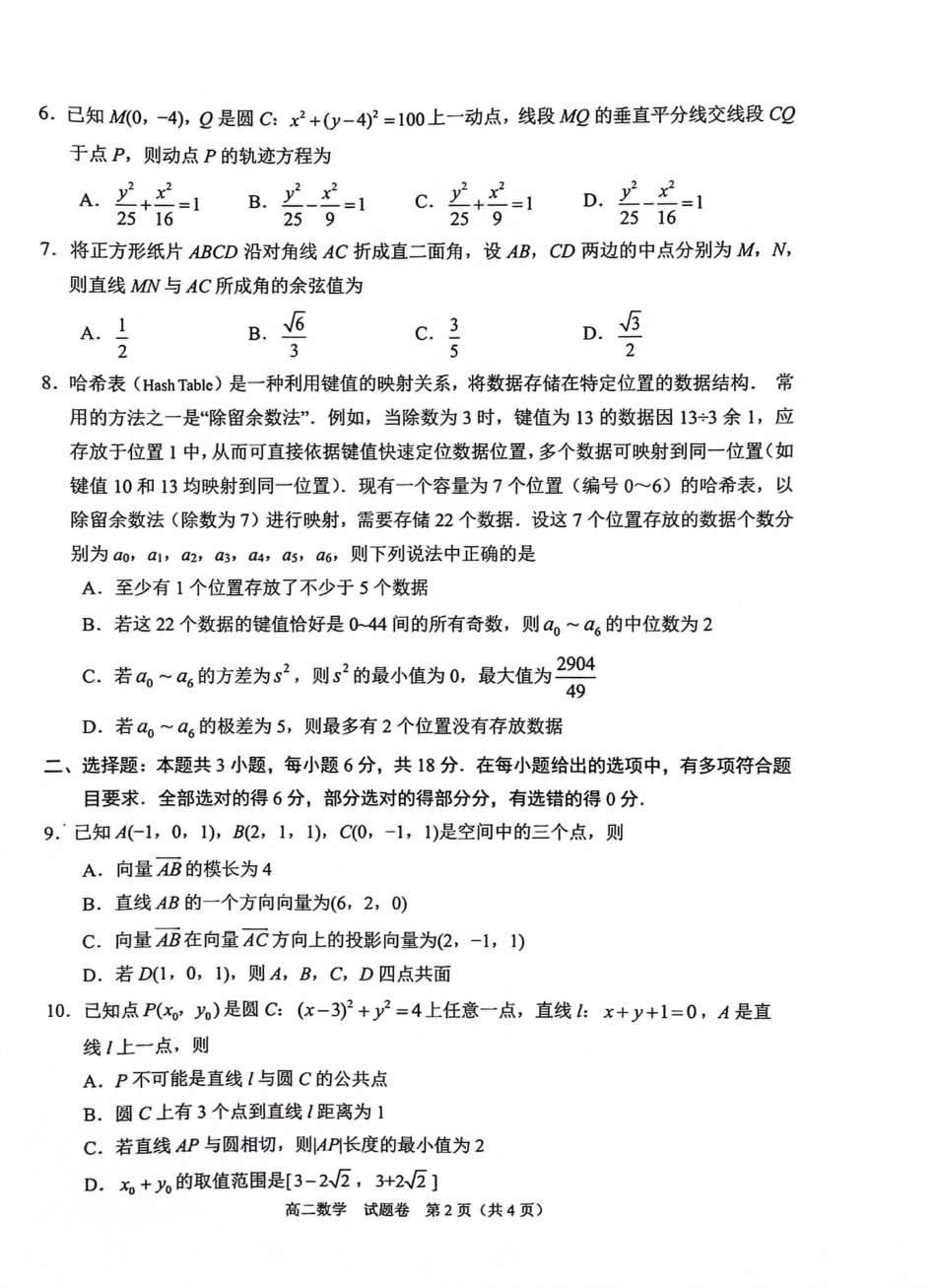 四川省绵阳市2024-2025学年高二上学期期末教学质量测试数学试题.pdf_第2页