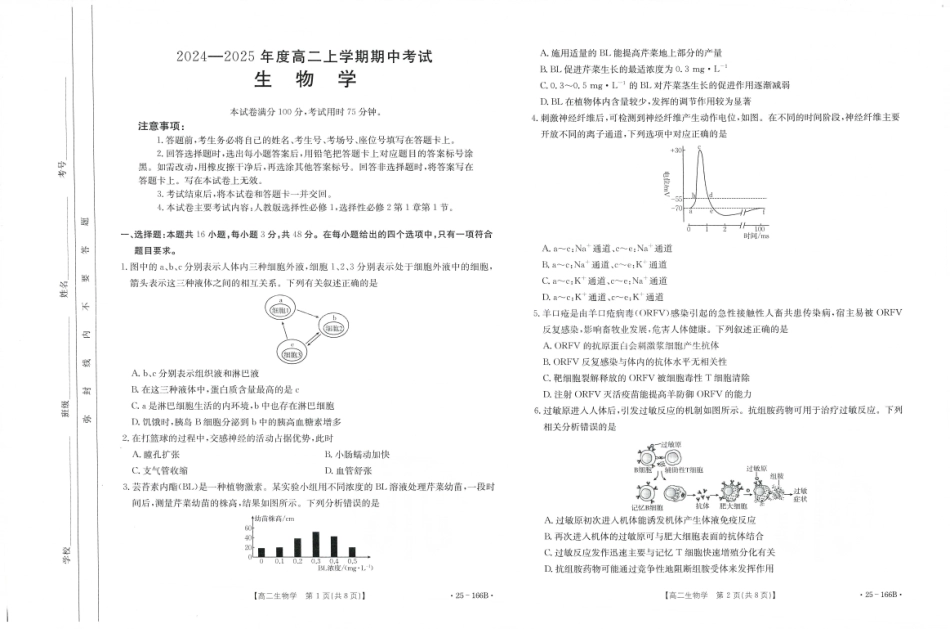 金太阳25-166B  名校联盟2024-2025学年高二期中  生物试题.pdf_第1页