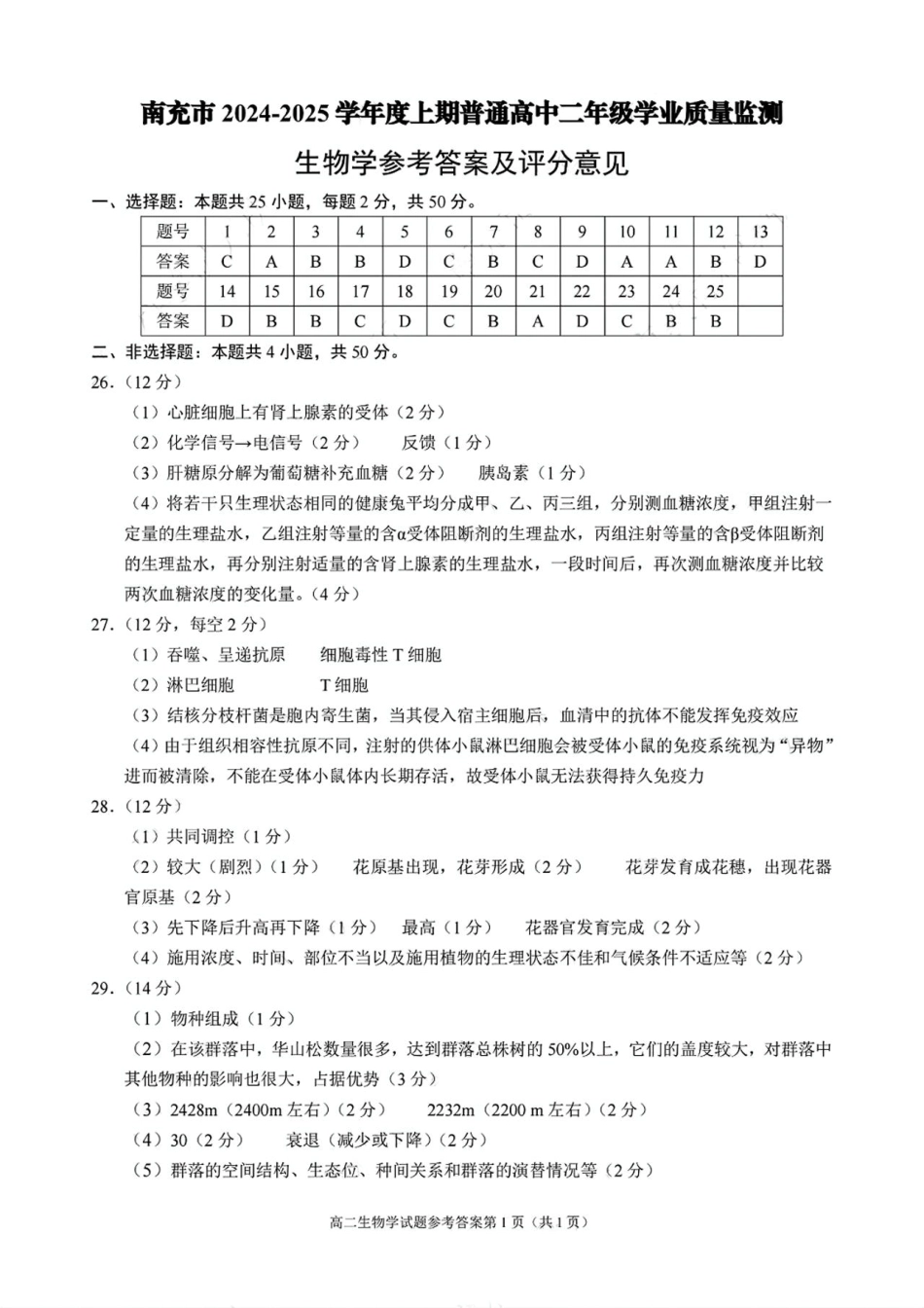 四川省南充市2024-2025学年高二上学期1月期末生物答案.pdf_第1页
