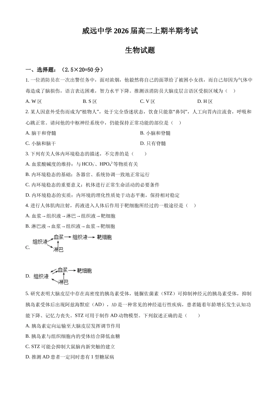 四川省内江市威远中学校2024-2025学年高二上学期期中考试生物试题.docx_第1页