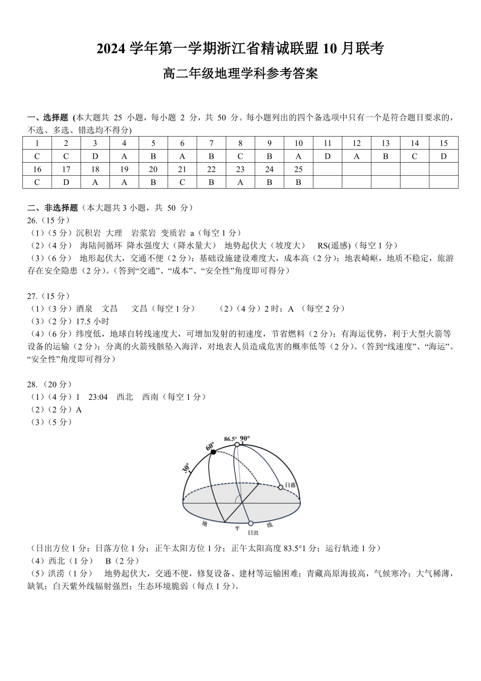 2024学年第一学期浙江省精诚联盟10月联考高二地理试题答案.pdf_第1页