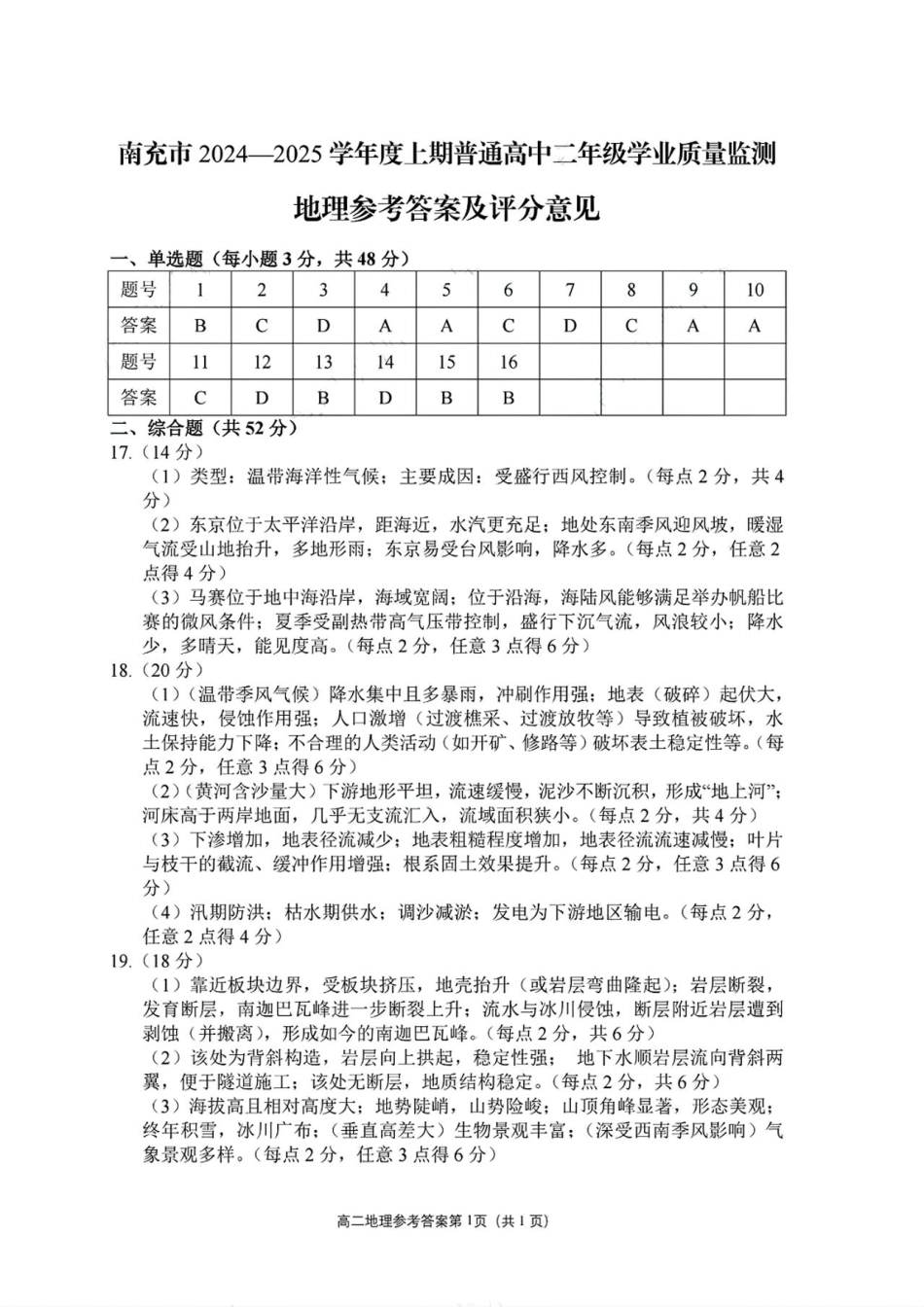 四川省南充市2024-2025学年高二上学期1月学业质量检测地理答案.pdf_第1页