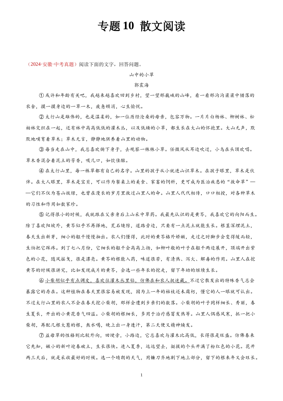 专题10  散文阅读（第01期）（原卷版）-2024年中考语文真题分类汇编.docx_第1页