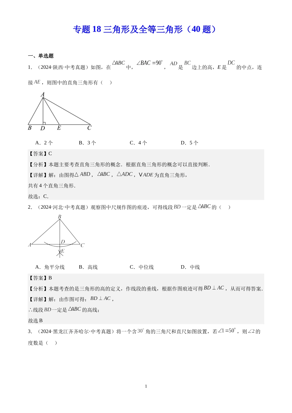 专题18 三角形及全等三角形（40题）（解析版）-2024年中考数学真题分类汇编.docx_第1页