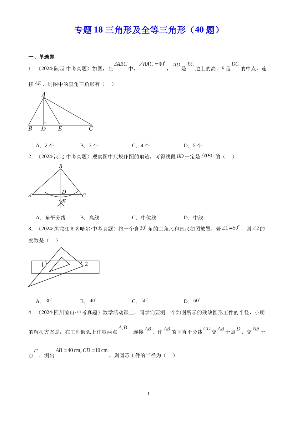 专题18 三角形及全等三角形（40题）（原卷版）-2024年中考数学真题分类汇编.docx_第1页