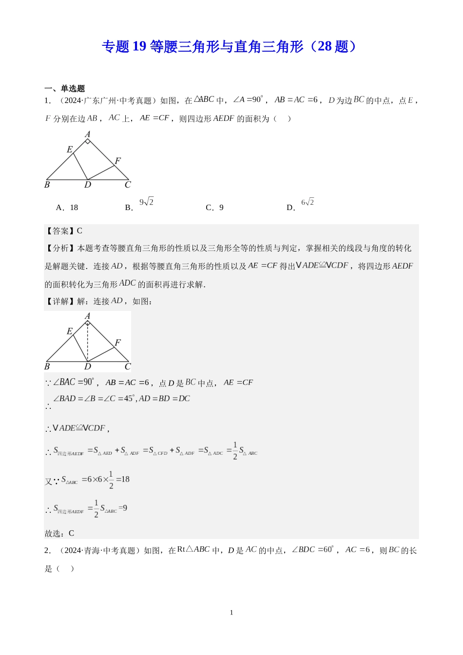 专题19 等腰三角形与直角三角形（28题）（解析版）-2024年中考数学真题分类汇编.docx_第1页