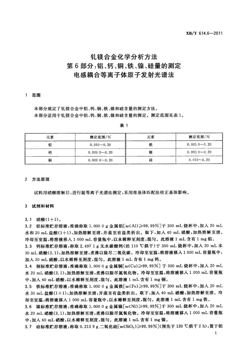 XB／T 614.6-2011 钆镁合金化学分析方法 第6部分：铝、钙、铜、铁、镍、硅量的测定 电感耦合等离子体原子发射光谱法.pdf_第3页