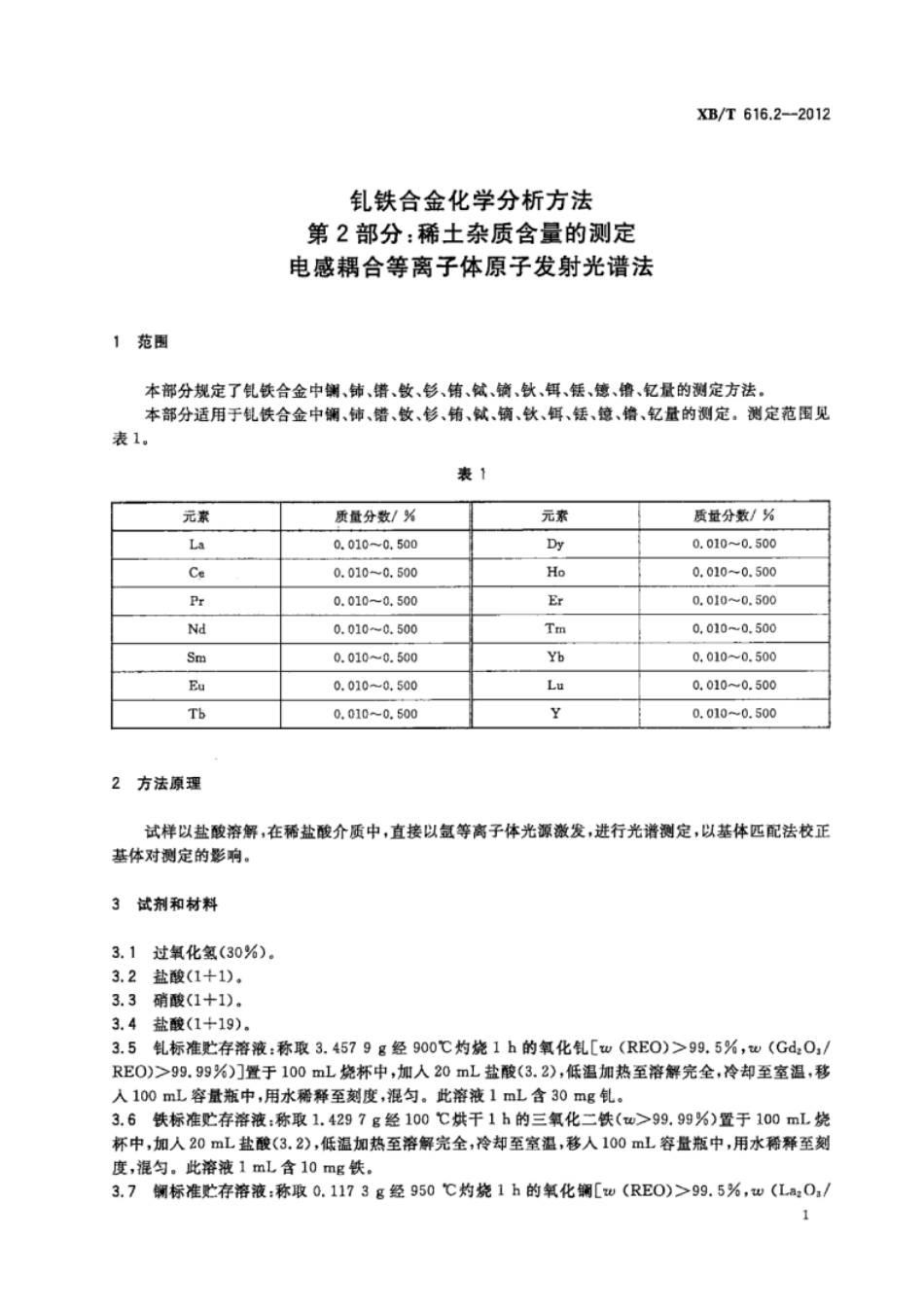 XB／T 616.2-2012 钆铁合金化学分析方法 第2部分：稀土杂质含量的测定电感耦合等离子体原子发射光谱法.pdf_第3页