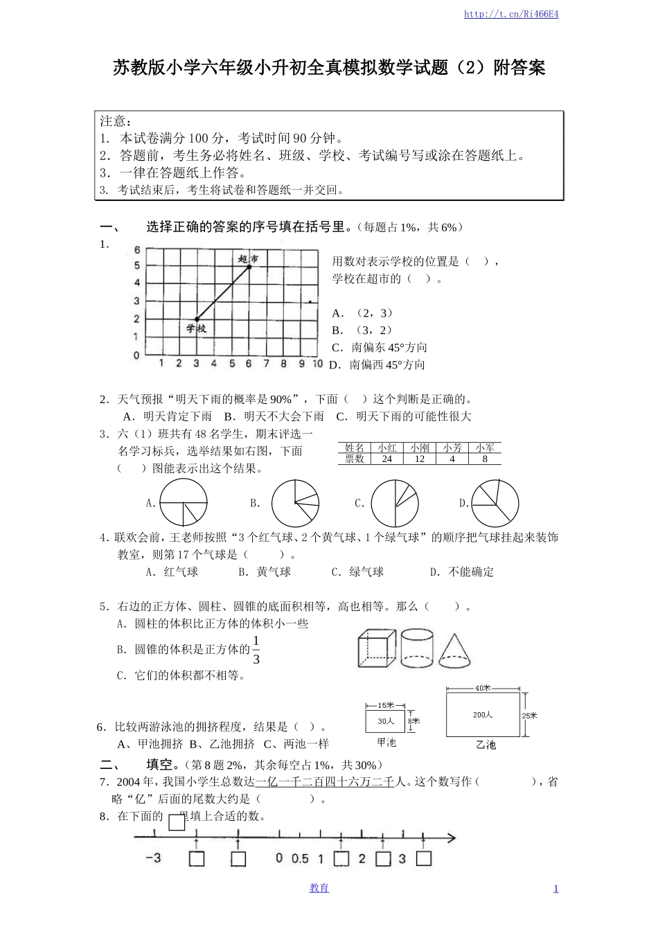 苏教版小学六年级小升初全真模拟数学试题（2）附答案.doc_第1页