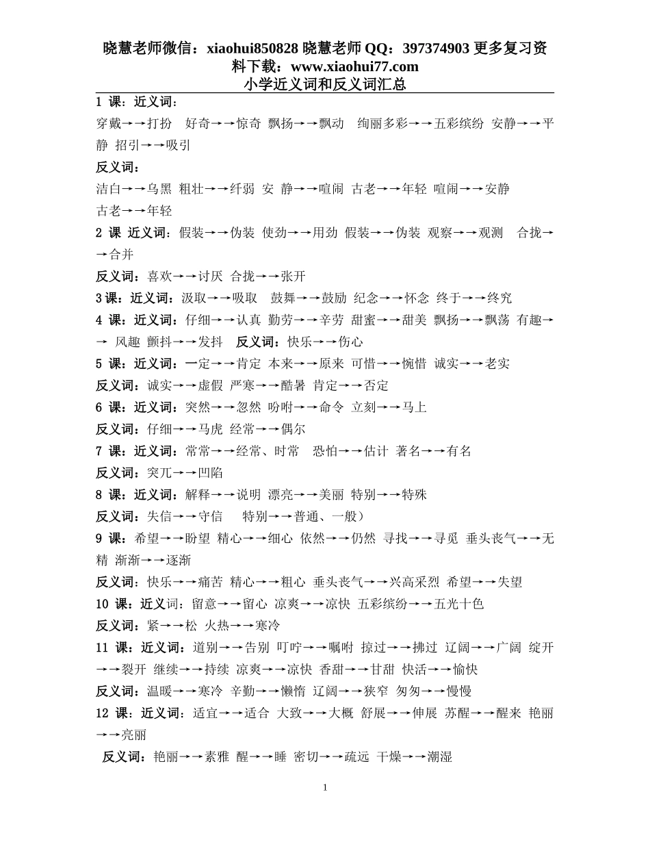 小升初复习：小学1-6年级常用近反义词汇总.doc_第1页